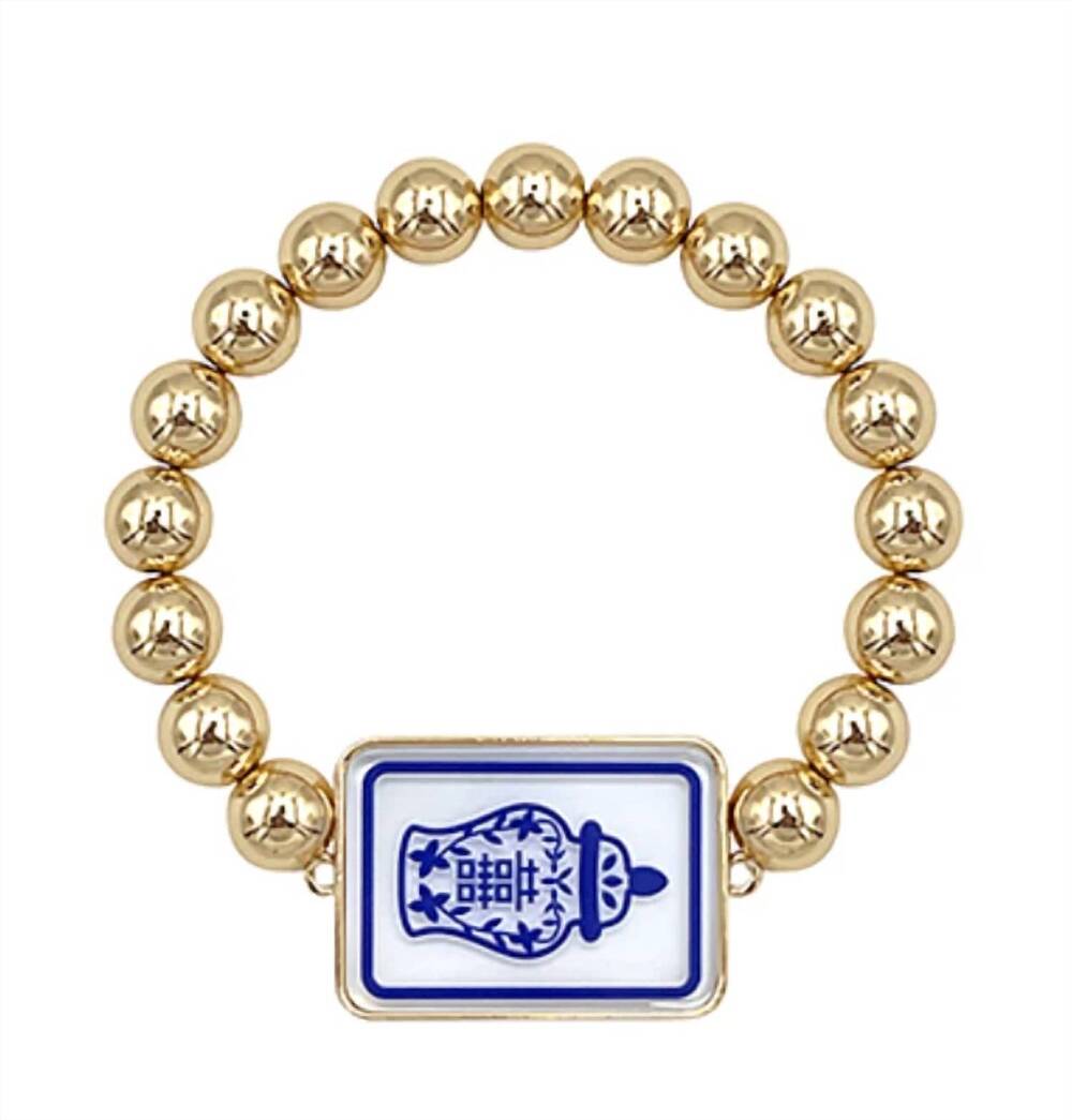 NEW GOLDEN LILY women's mahjong ginger jar bracelet in gold, blue & white